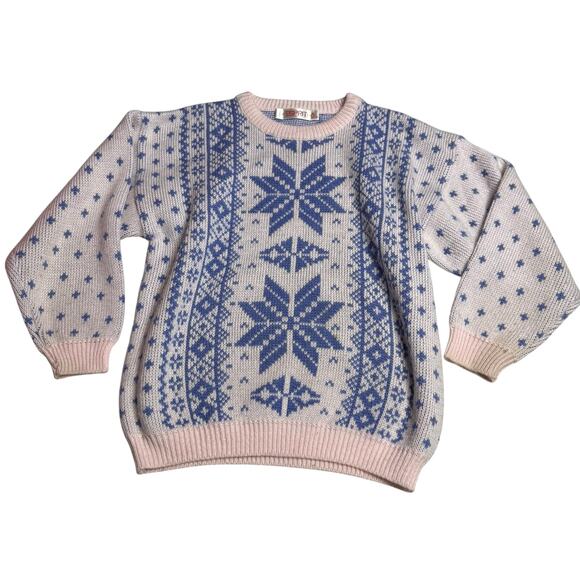 Vintage 80s ESPRIT Sweater Women's Small Pink Blue Snowflake Print - Picture 1 of 8